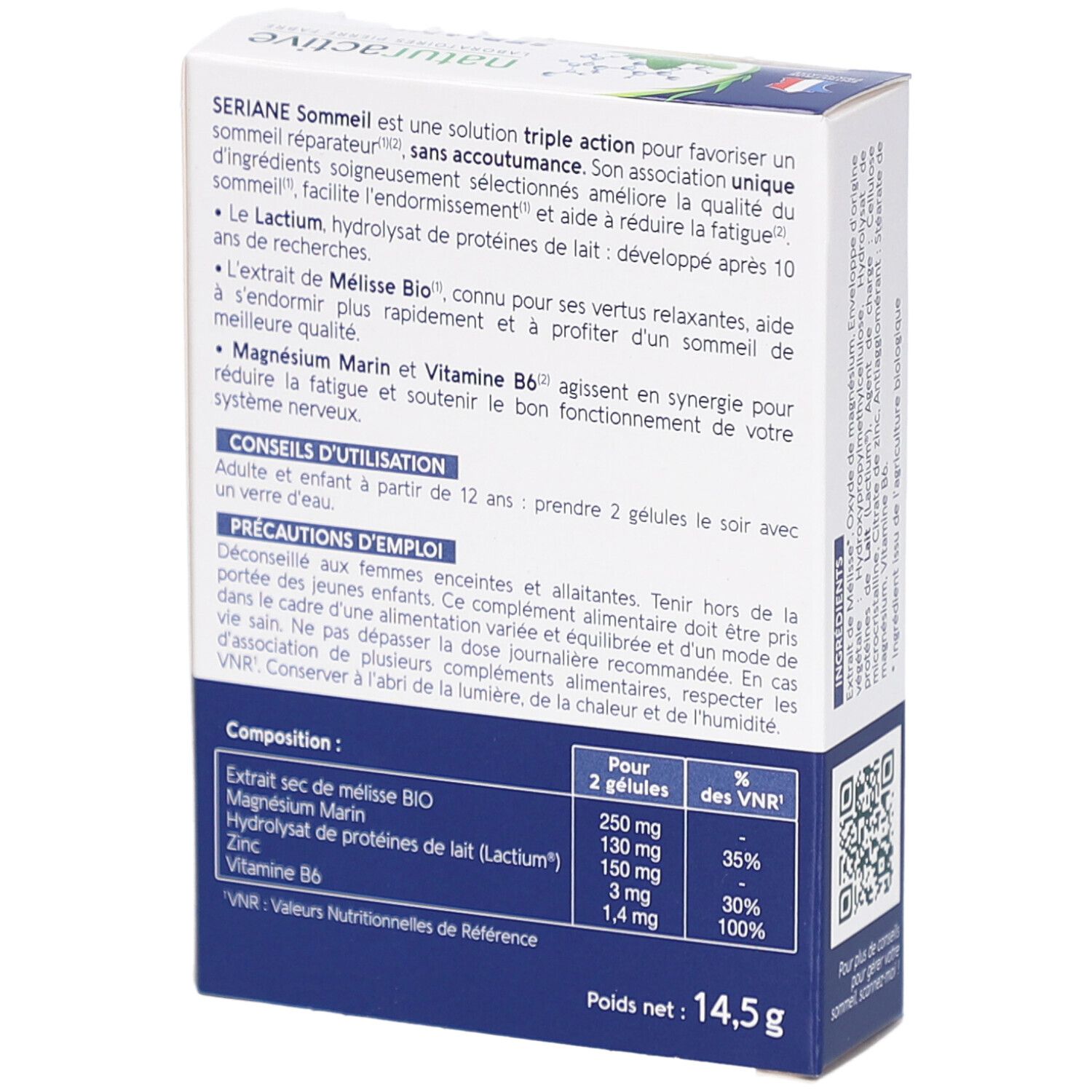 Dos de la boîte SERIANE SOMMEIL. Informations d'utilisation et composition. Poids : 14,5 g.