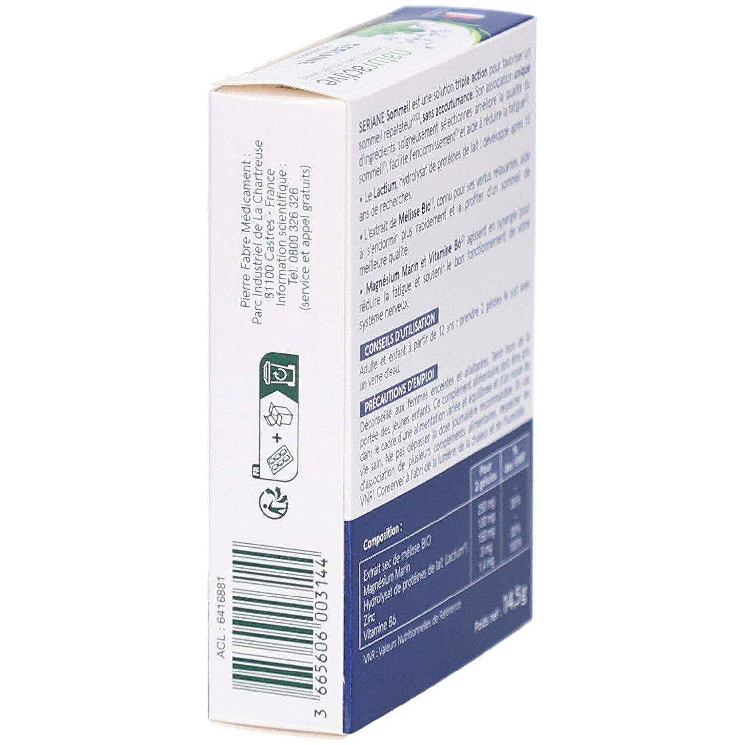 Vue latérale de la boîte SERIANE SOMMEIL. Informations d'utilisation et composition. Poids : 14,5 g.