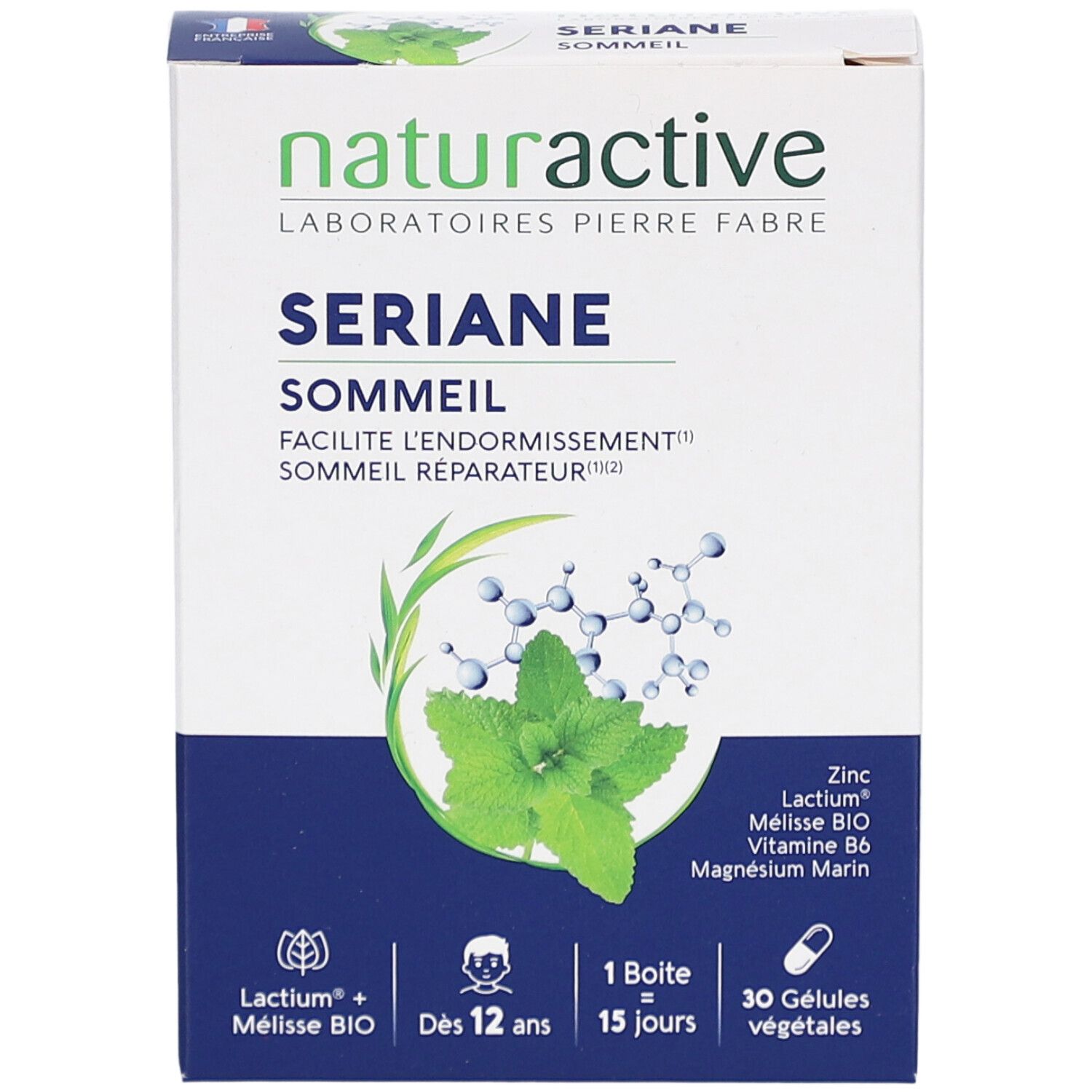 Vue de face de la boîte SERIANE SOMMEIL. Contient 30 gélules. Ingrédients : Lactium, Mélisse BIO, Vitamine B6, Magnésium Marin.