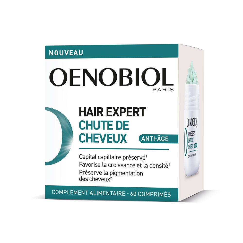 Boîte OENOBIOL. Contient 60 comprimés. Texte : Hair Expert Chute de Cheveux. Inscription « Nouveau ». Contient un flacon.