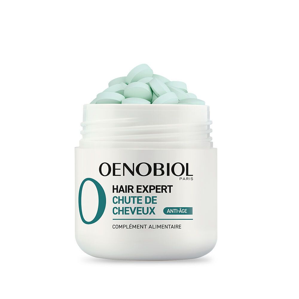 Flacon de comprimés OENOBIOL Hair Expert Chute de Cheveux. Anti-âge. Complément alimentaire. Comprimés verts.