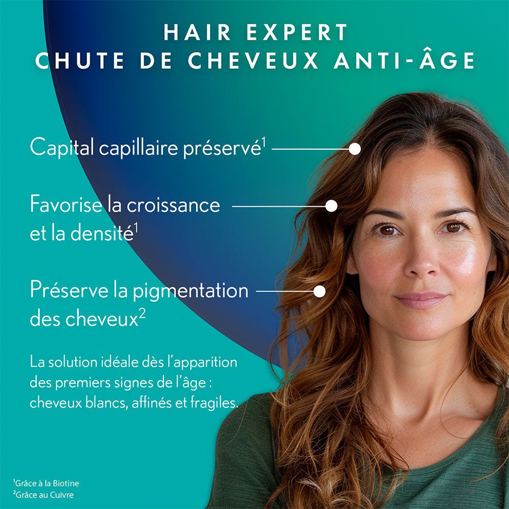 Femme aux cheveux bruns. Texte : Hair Expert Chute de Cheveux Anti-Âge. Préservation des cheveux, croissance, pigmentation.