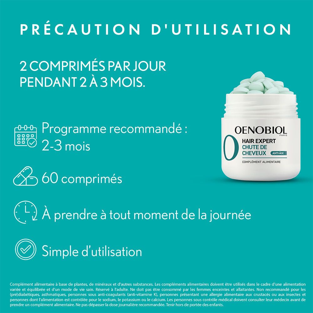 Informations d'utilisation. 2 comprimés par jour pendant 2-3 mois. OENOBIOL Hair Expert Chute de Cheveux. 60 comprimés.