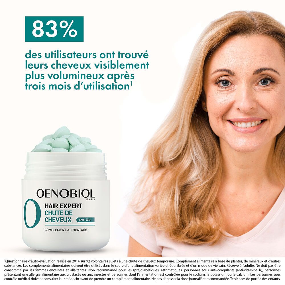 Femme souriante. OENOBIOL Hair Expert Chute de Cheveux. 83% des utilisateurs ont trouvé leurs cheveux plus volumineux.
