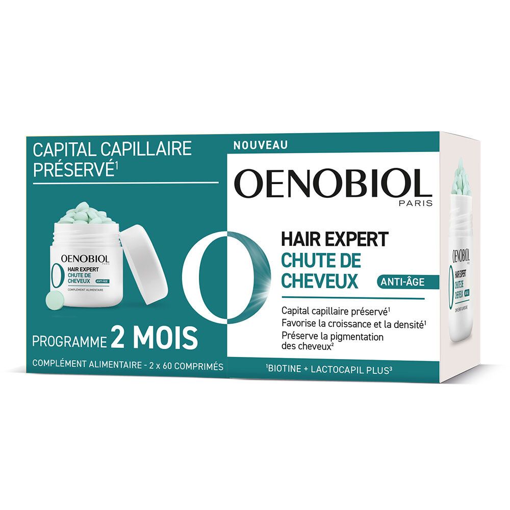 Boîte OENOBIOL. Contient des comprimés. Inscription: Hair Expert Chute de Cheveux. Programme 2 mois.