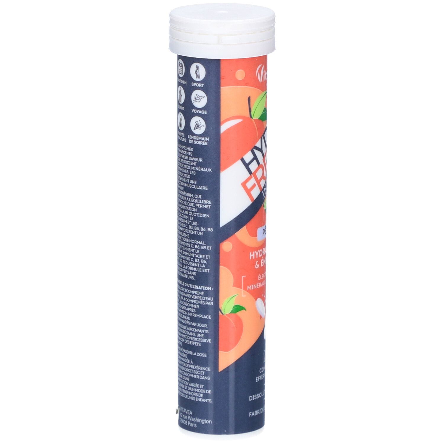 Verso du tube HydraFresh Intense Pêche. Contient informations et informations nutritionnelles. 56 g.