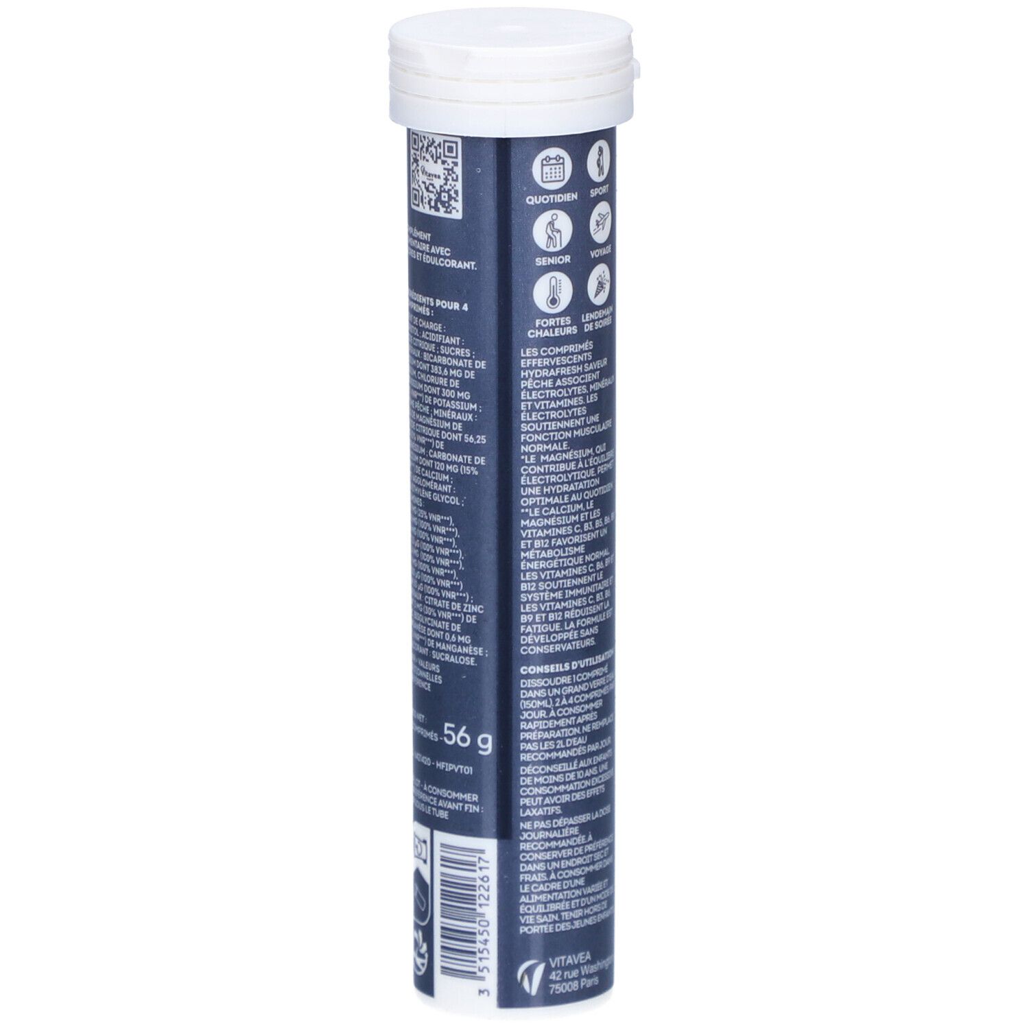 HydraFresh Intense Pêche. Comprimés effervescents. Contient électrolytes et vitamines. 20 comprimés. Marque VitaVea.