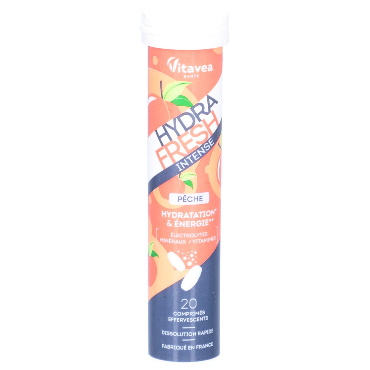 HydraFresh Intense Pêche. Comprimés effervescents. Contient électrolytes et vitamines. 20 comprimés. Marque VitaVea.
