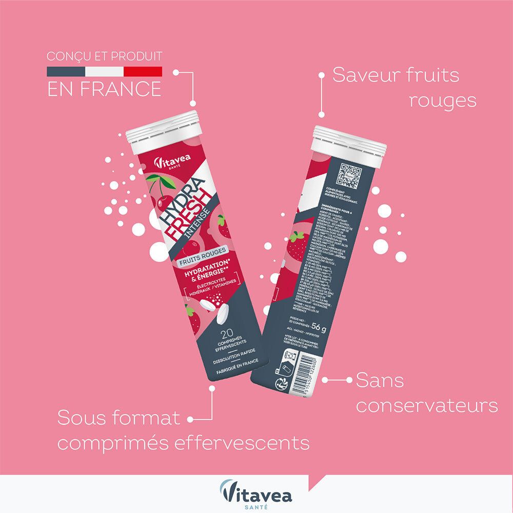Deux tubes HydraFresh Intense Fruits Rouges. Inscription: 20 comprimés. Sans conservateurs. Fabriqué en France.