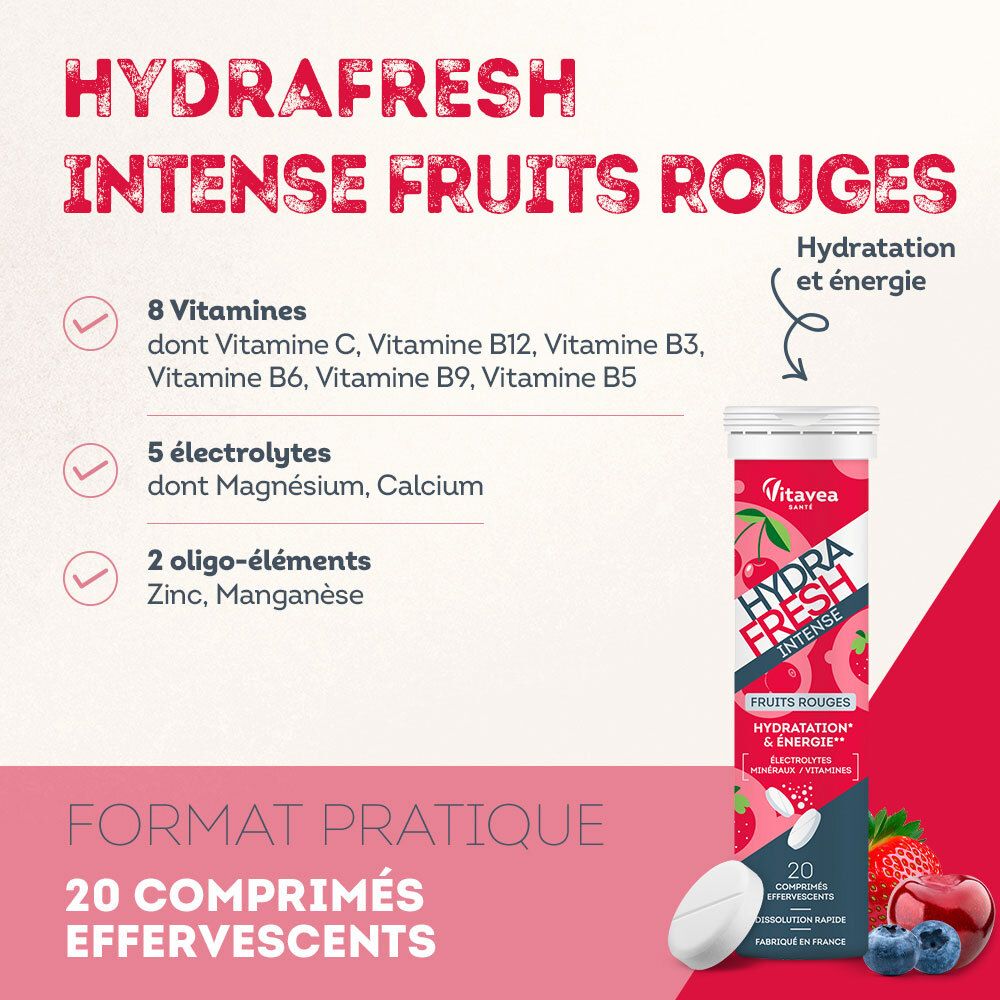 HydraFresh Intense Fruits Rouges. Contient 8 vitamines, 5 électrolytes et 2 oligo-éléments. 20 comprimés. Format pratique.