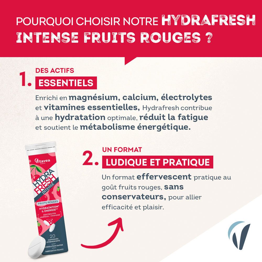 HydraFresh Intense Fruits Rouges. Contient magnésium, calcium, électrolytes et vitamines. Format effervescent pratique.