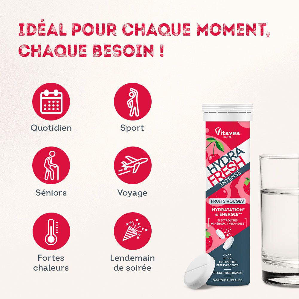 HydraFresh Intense Fruits Rouges. Idéal pour quotidien, sport, seniors, voyages, fortes chaleurs et lendemain de soirée.