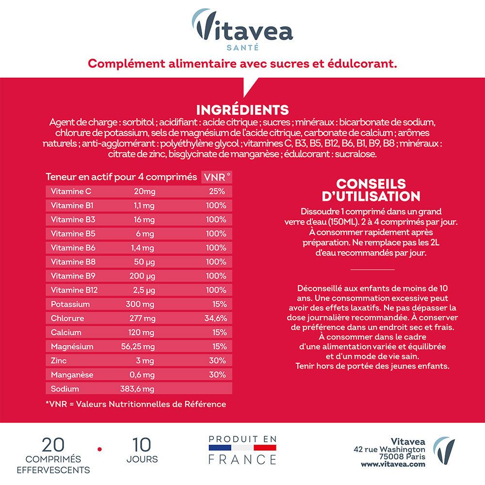 Informations nutritionnelles HydraFresh Intense Fruits Rouges. Contient vitamines et minéraux. 20 comprimés. Fabriqué en France.
