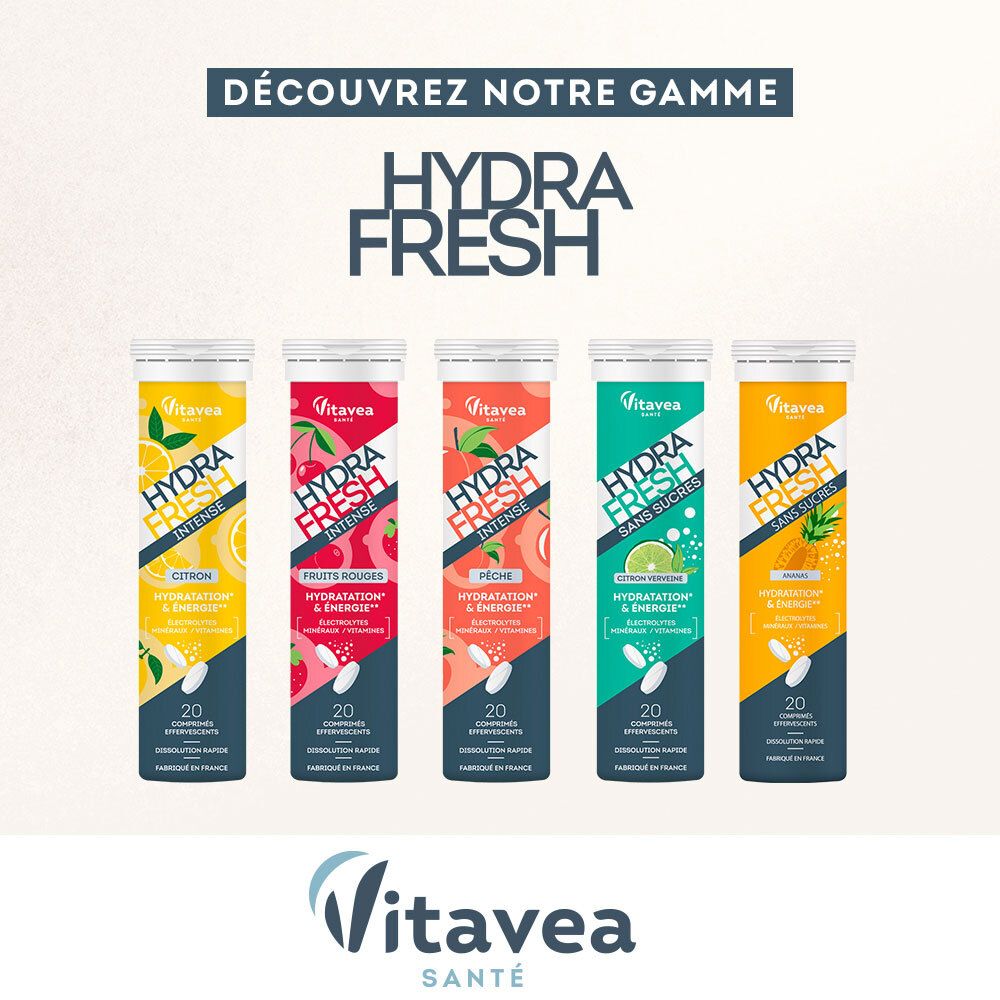 Différentes saveurs HydraFresh. Citron, Fruits Rouges, Pêche, Citron vert, Ananas. 20 comprimés effervescents.