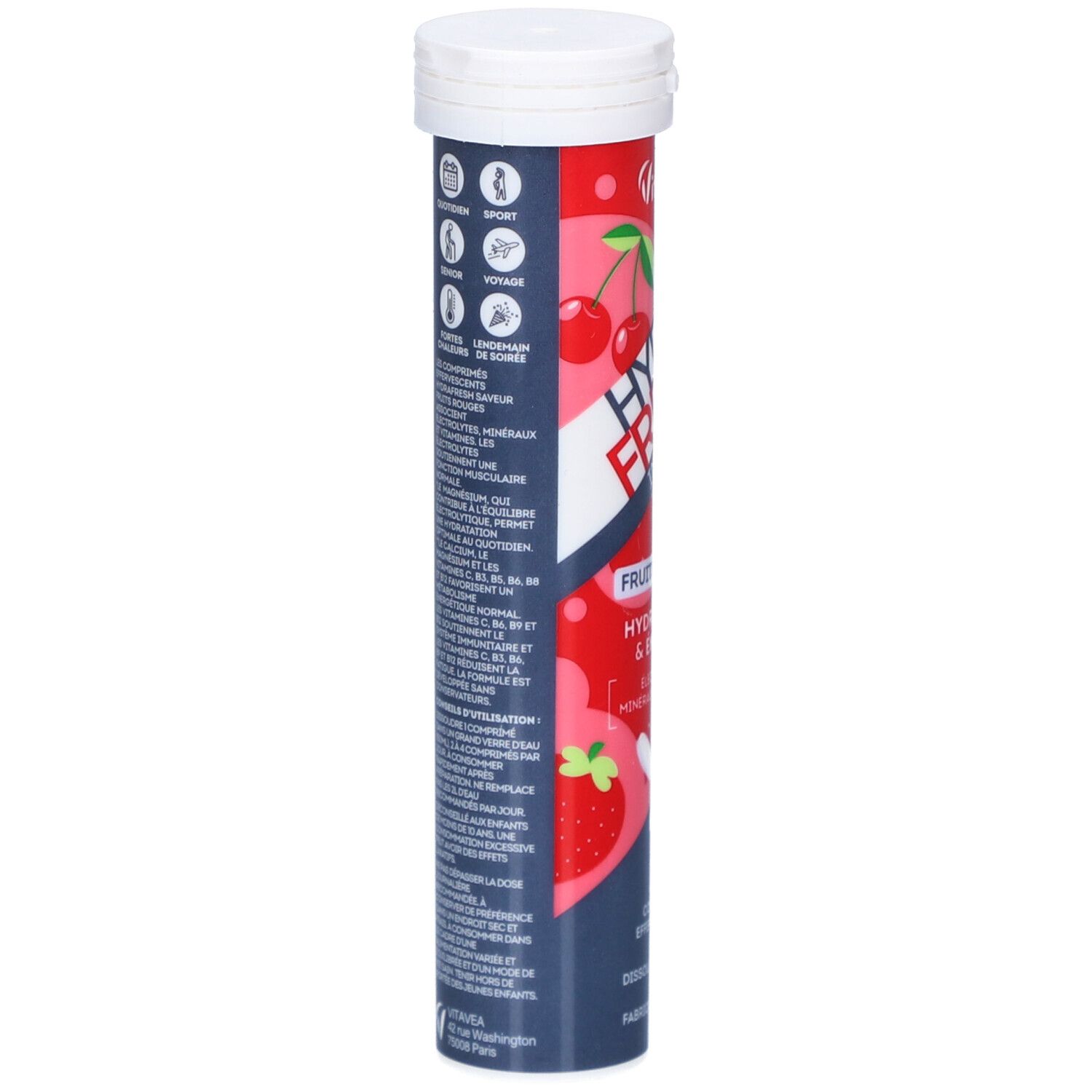 Tube VITAVEA HydraFresh Intense Fruits Rouges. Verso avec informations et symboles.
