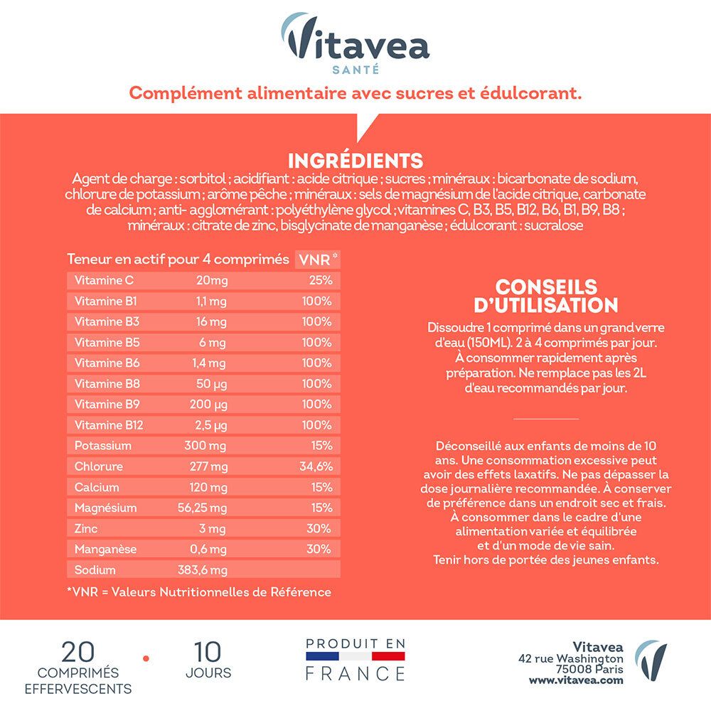 Liste des ingrédients et conseils d'utilisation de VITAVEA HydraFresh Intense Pêche. 20 comprimés. Fabriqué en France.