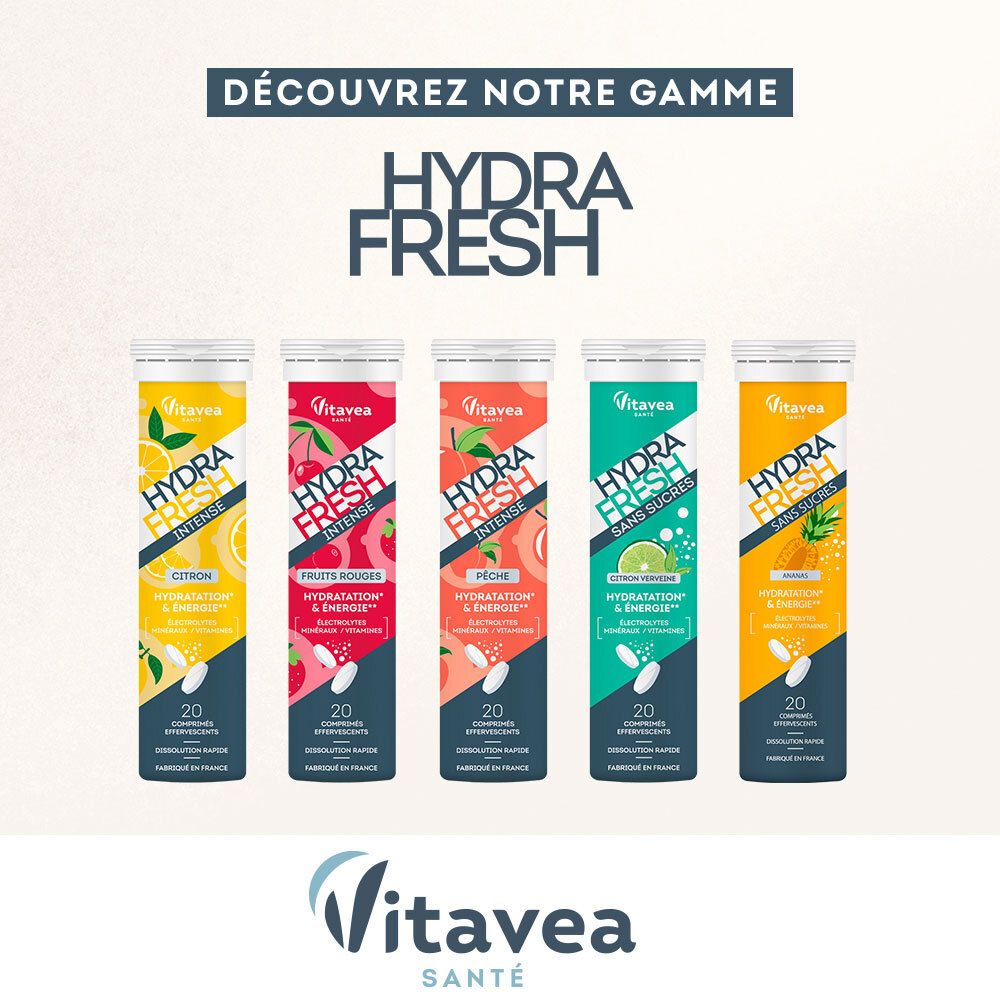 Gamme VITAVEA HydraFresh Intense. Différentes saveurs : citron, fruits rouges, pêche, citron sans sucre, orange.