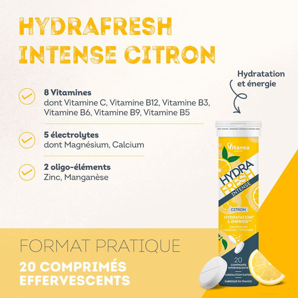 Tube de comprimés effervescents. HYDRA FRESH INTENSE, saveur citron. 8 vitamines, 5 électrolytes, 2 oligo-éléments. 20 comprimés.