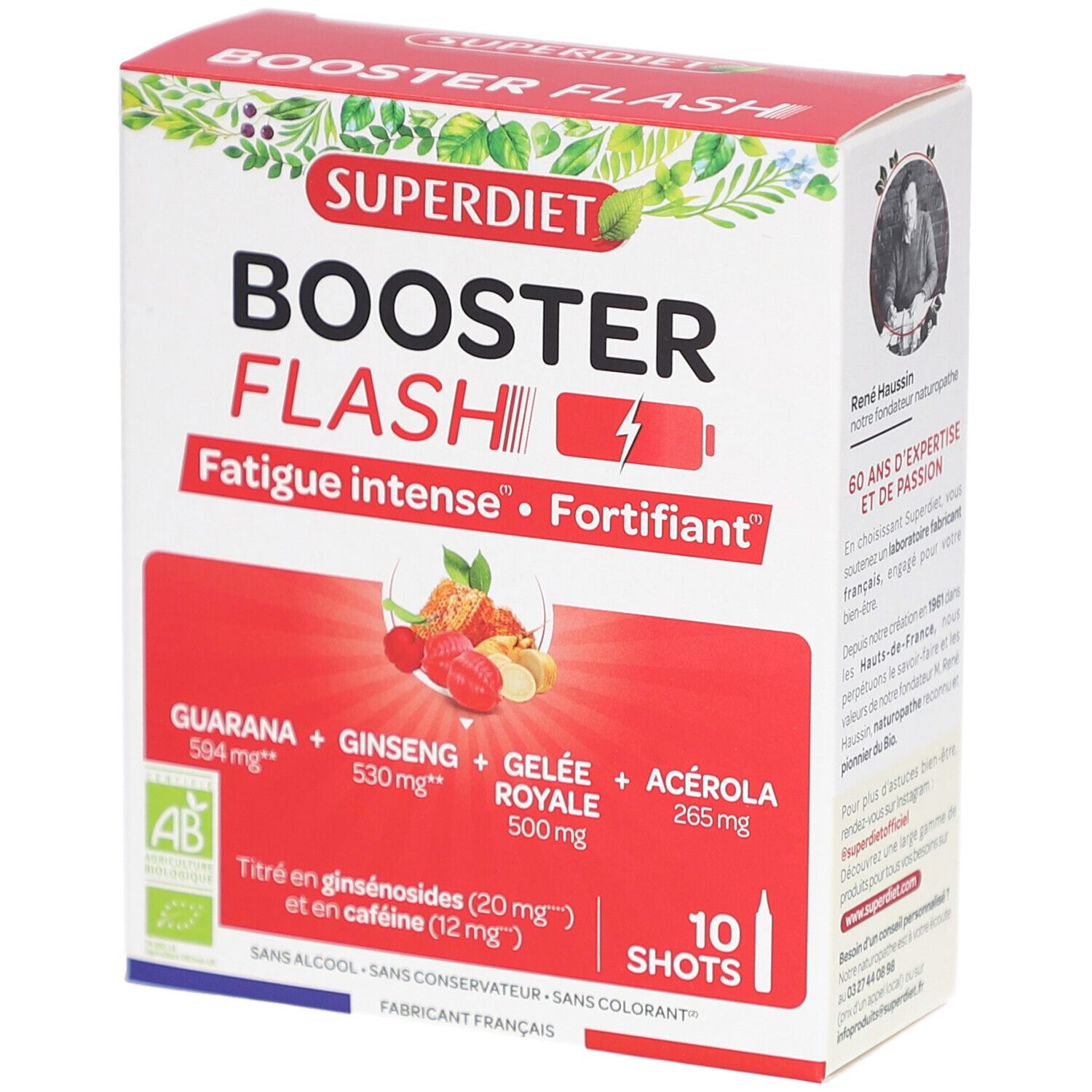 Boîte SUPERDIET BOOSTER FLASH. Ingrédients et nom du produit sur fond rouge et blanc. 10 shots.
