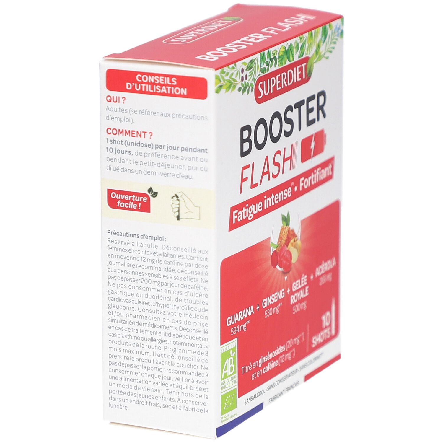 Boîte SUPERDIET BOOSTER FLASH. Vue latérale avec conseils d'utilisation et précautions. 10 shots.
