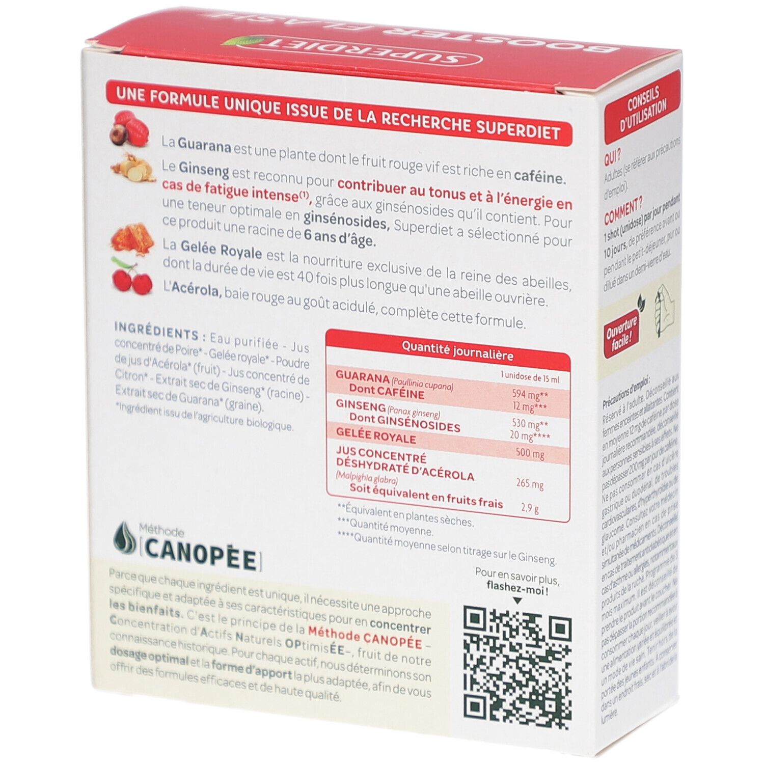 Dos de la boîte SUPERDIET BOOSTER FLASH. Ingrédients, quantité journalière et code QR.