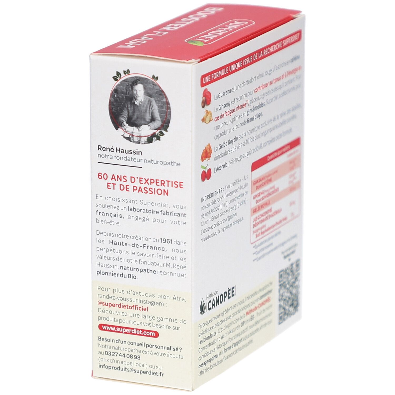 Boîte SUPERDIET BOOSTER FLASH. Vue latérale avec informations fabricant et code QR.