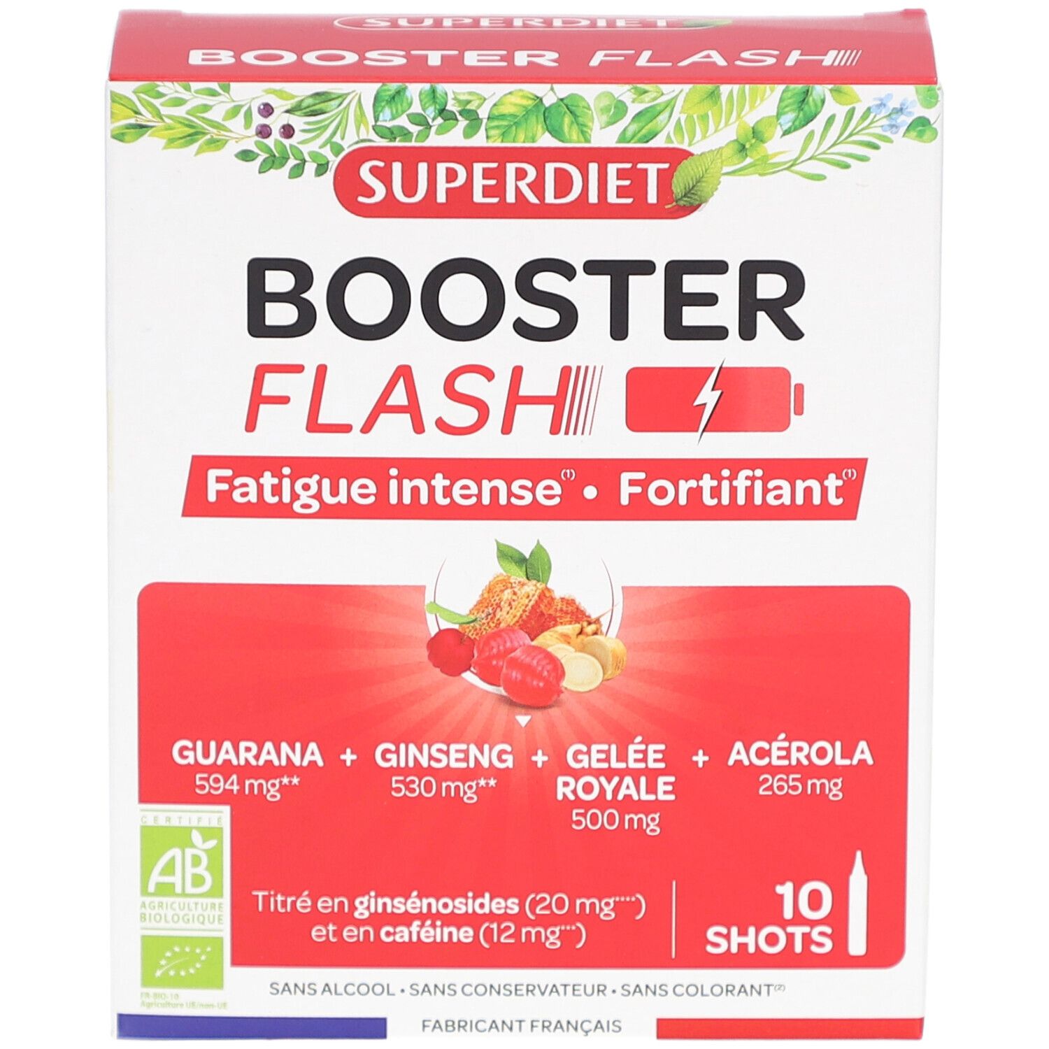 Boîte SUPERDIET BOOSTER FLASH. Vue de face avec nom du produit, ingrédients et 10 shots.