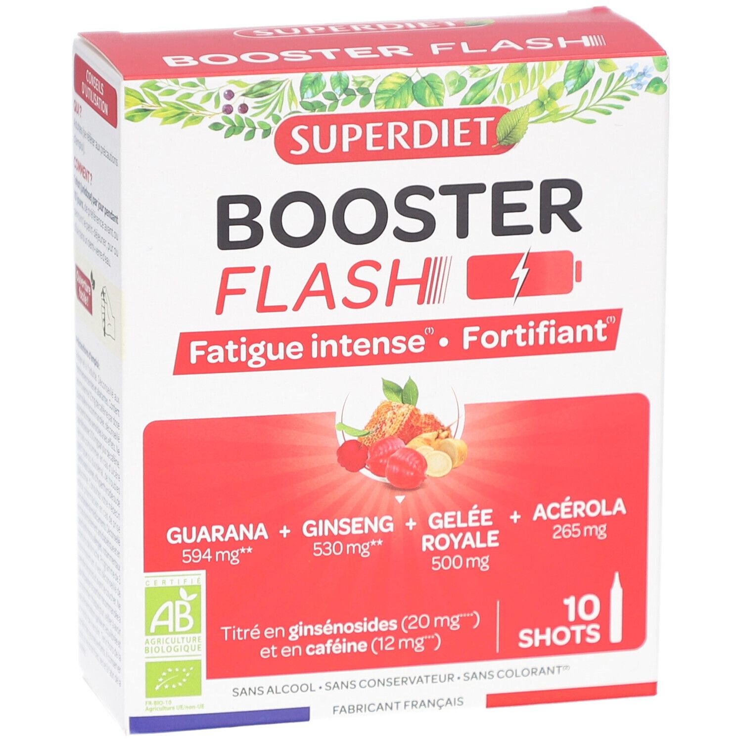 Boîte SUPERDIET BOOSTER FLASH. Vue de face avec nom du produit, ingrédients et 10 shots.