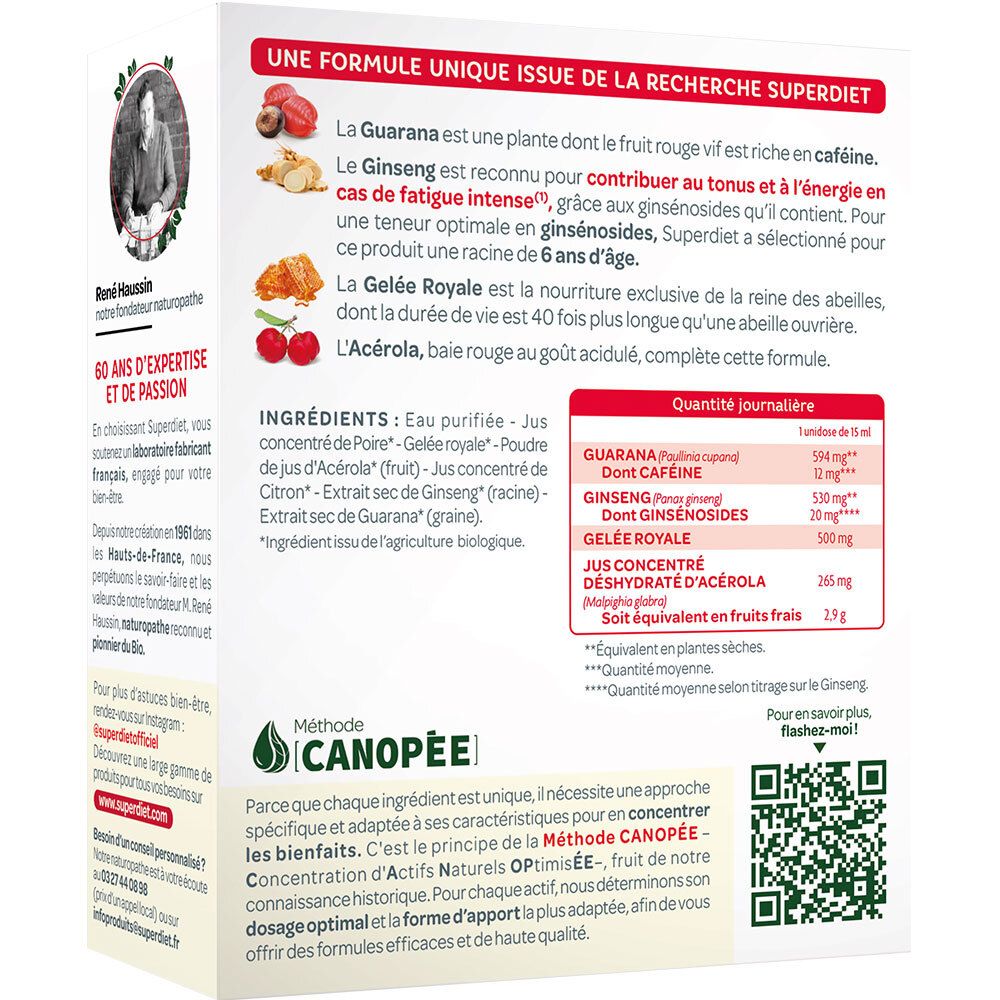 Arrière de la boîte Superdiet Booster Flash Fatigue Intense & Fortifiant avec ingrédients et dosage.