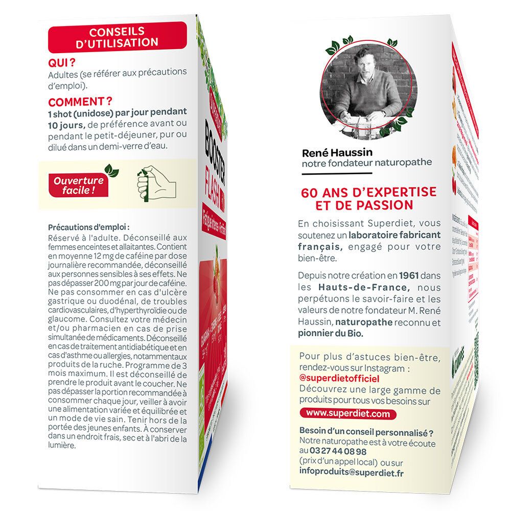 Vue latérale de la boîte Superdiet Booster Flash Fatigue Intense & Fortifiant avec conseils d'utilisation.