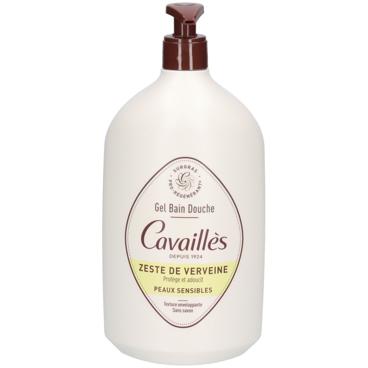 Flacon blanc avec pompe marron. Étiquette avec nom du produit: Gel Bain Douche, Zeste de Verveine. Marque: Cavaillès.