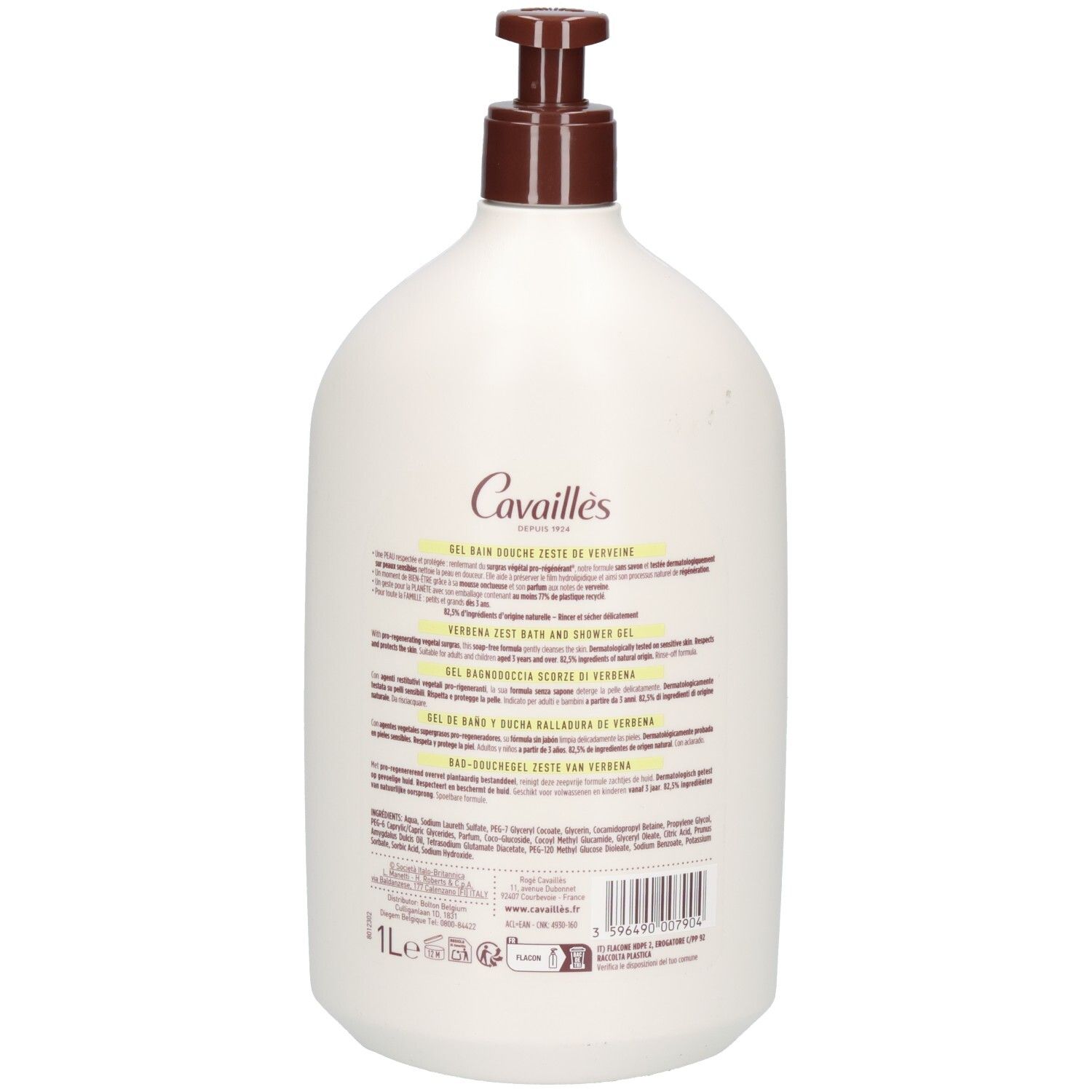 Dos du flacon blanc. Texte avec informations produit et ingrédients. En bas: 1L et logos.