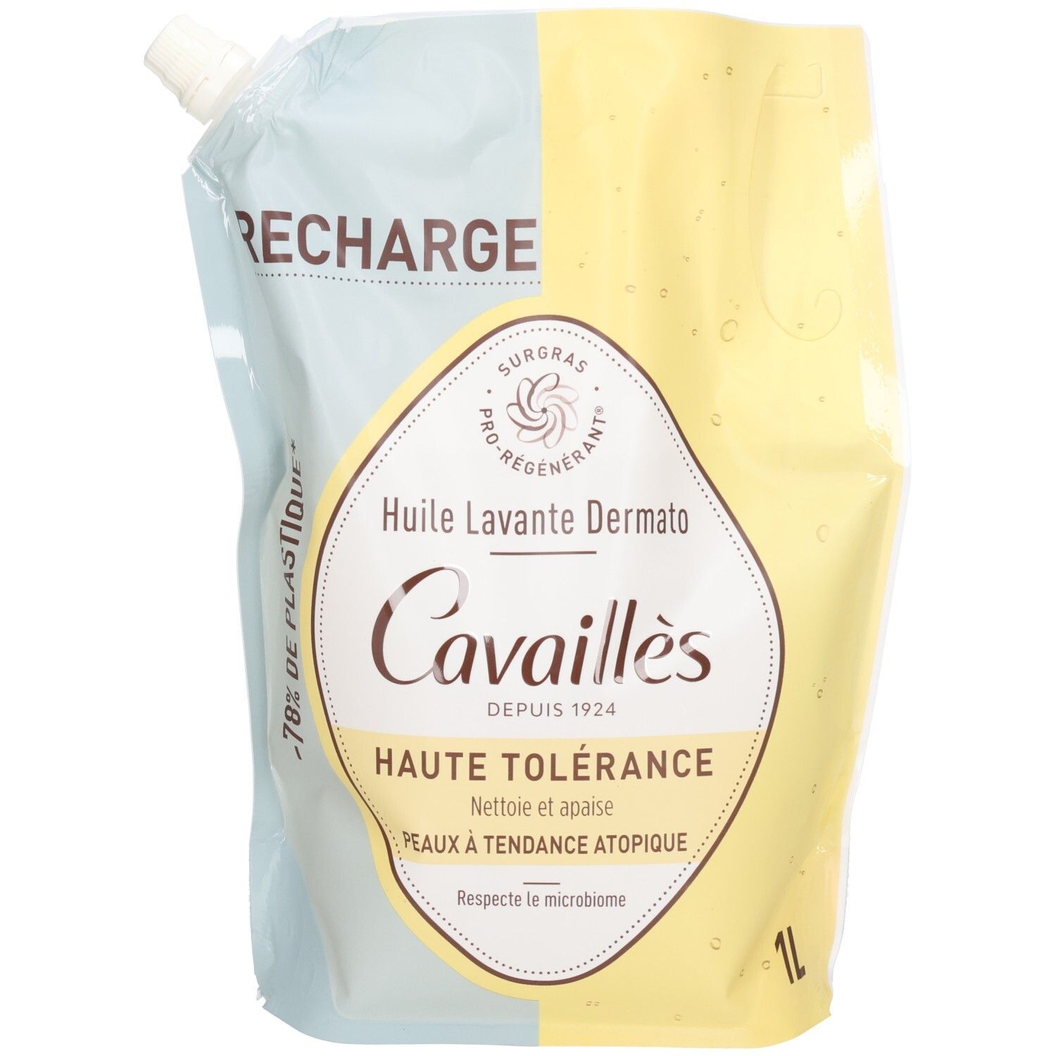 Recharge de produit. Inscription: RECHARGE. Marque: CAVAILLES. Produit: Huile Lavante Dermato. Texte: HAUTE TOLERANCE. 1L.