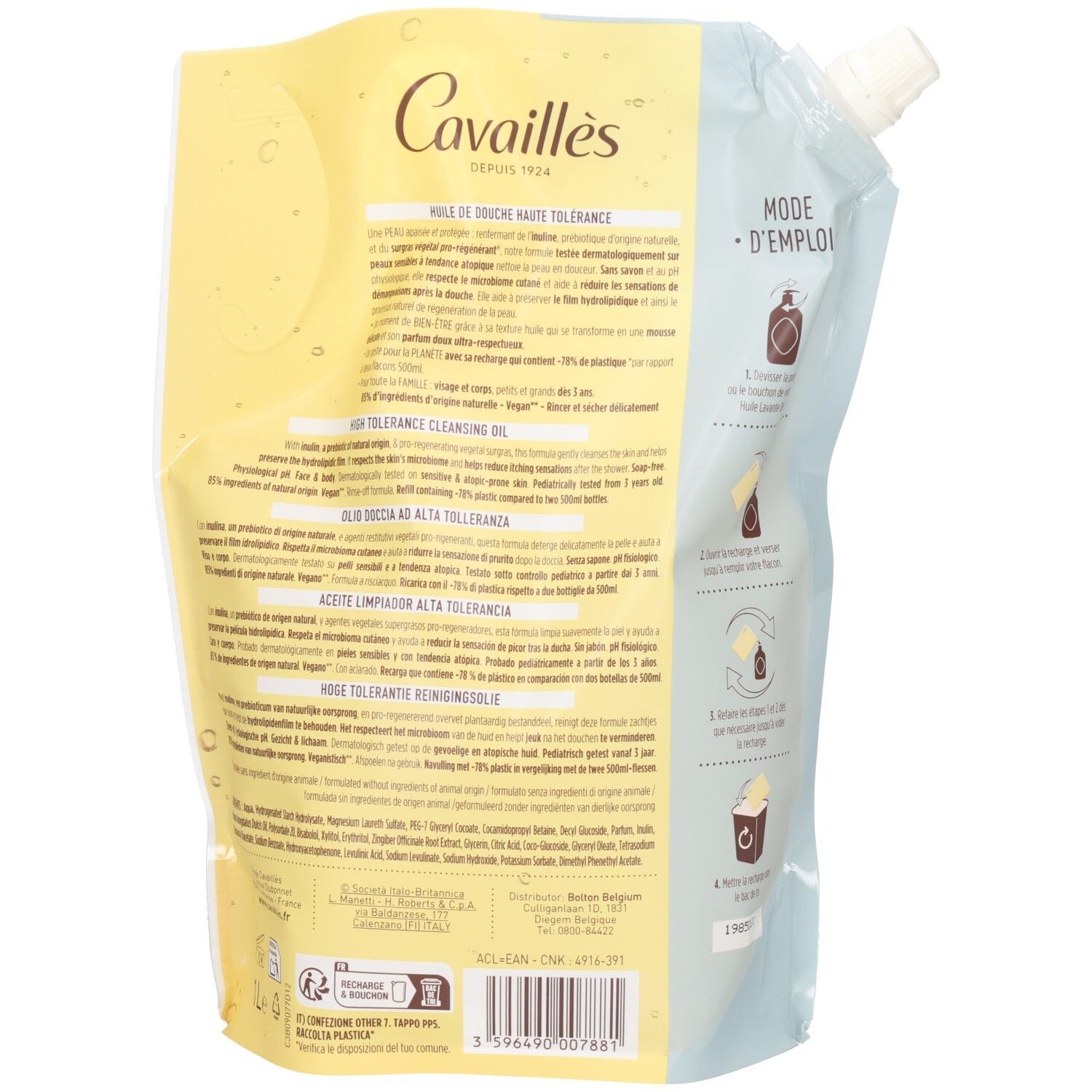 Dos de la recharge. Marque: CAVAILLES. Texte: Huile de douche haute tolérance. Instructions et informations produit.