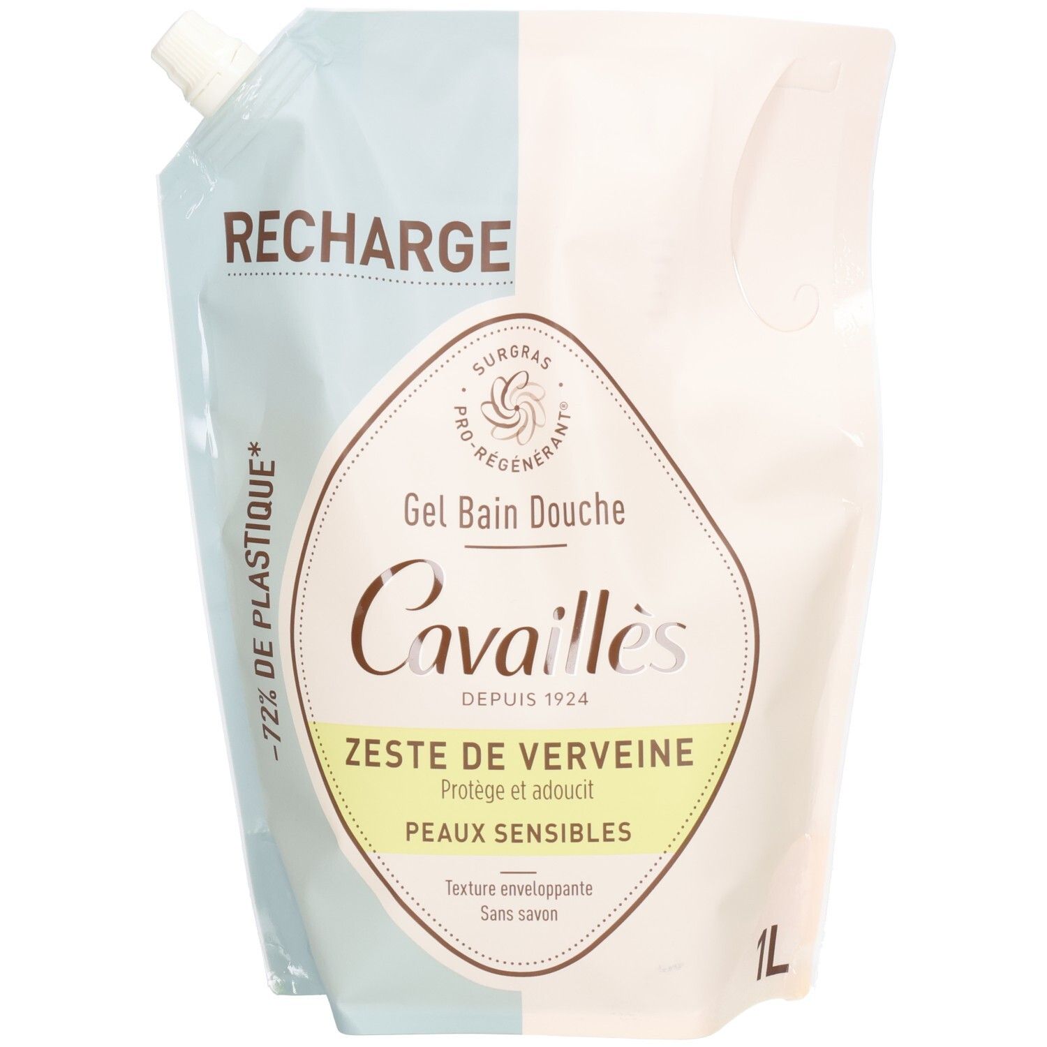 Recharge de gel douche. Inscription "RECHARGE". Logo "Cavaillès". Texte "Gel Bain Douche" et "Zeste de Verveine". Contenance 1L. Emballage bicolore.