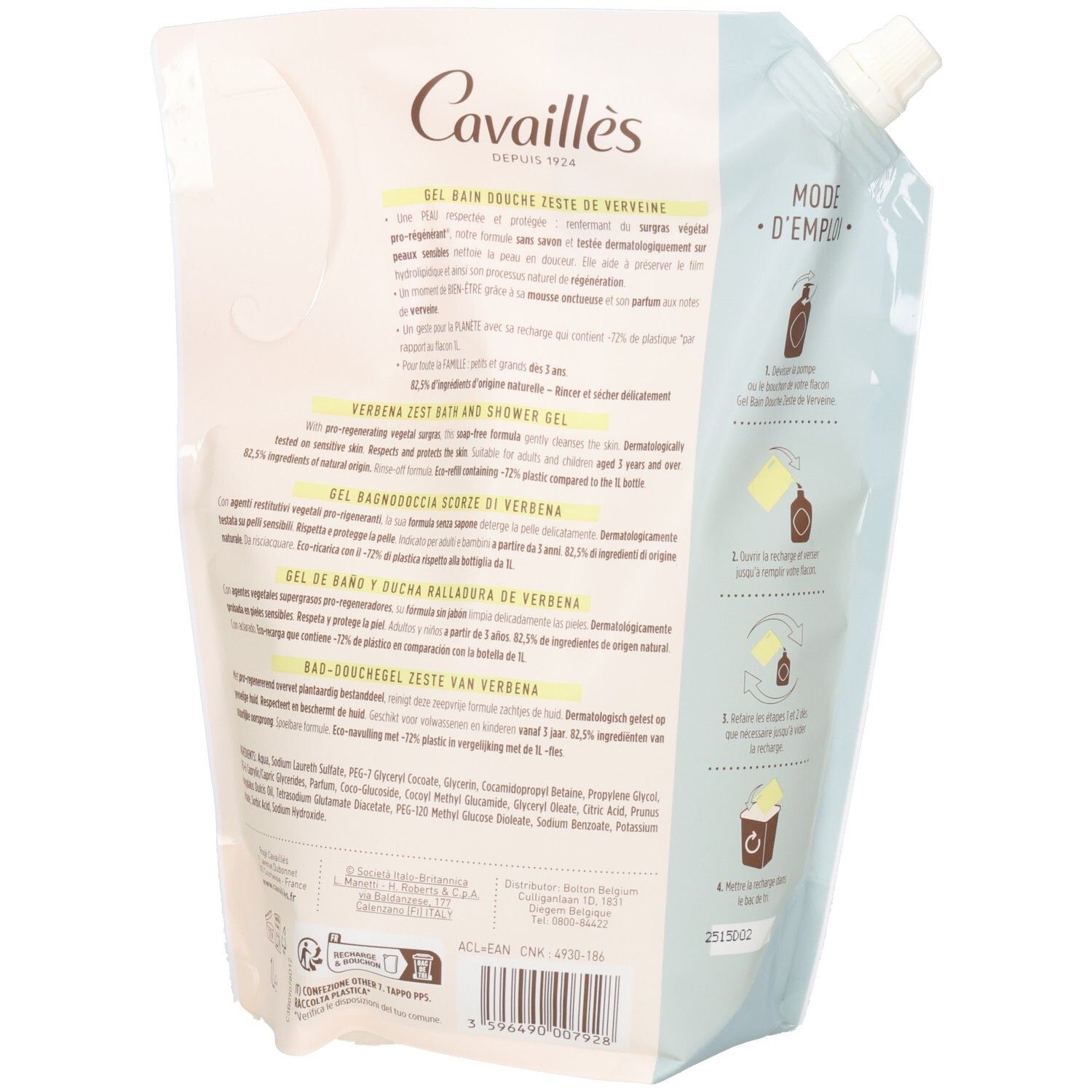 Dos de la recharge. Texte multilingue. Logo "Cavaillès". Illustrations d'utilisation. Code-barres et informations diverses.