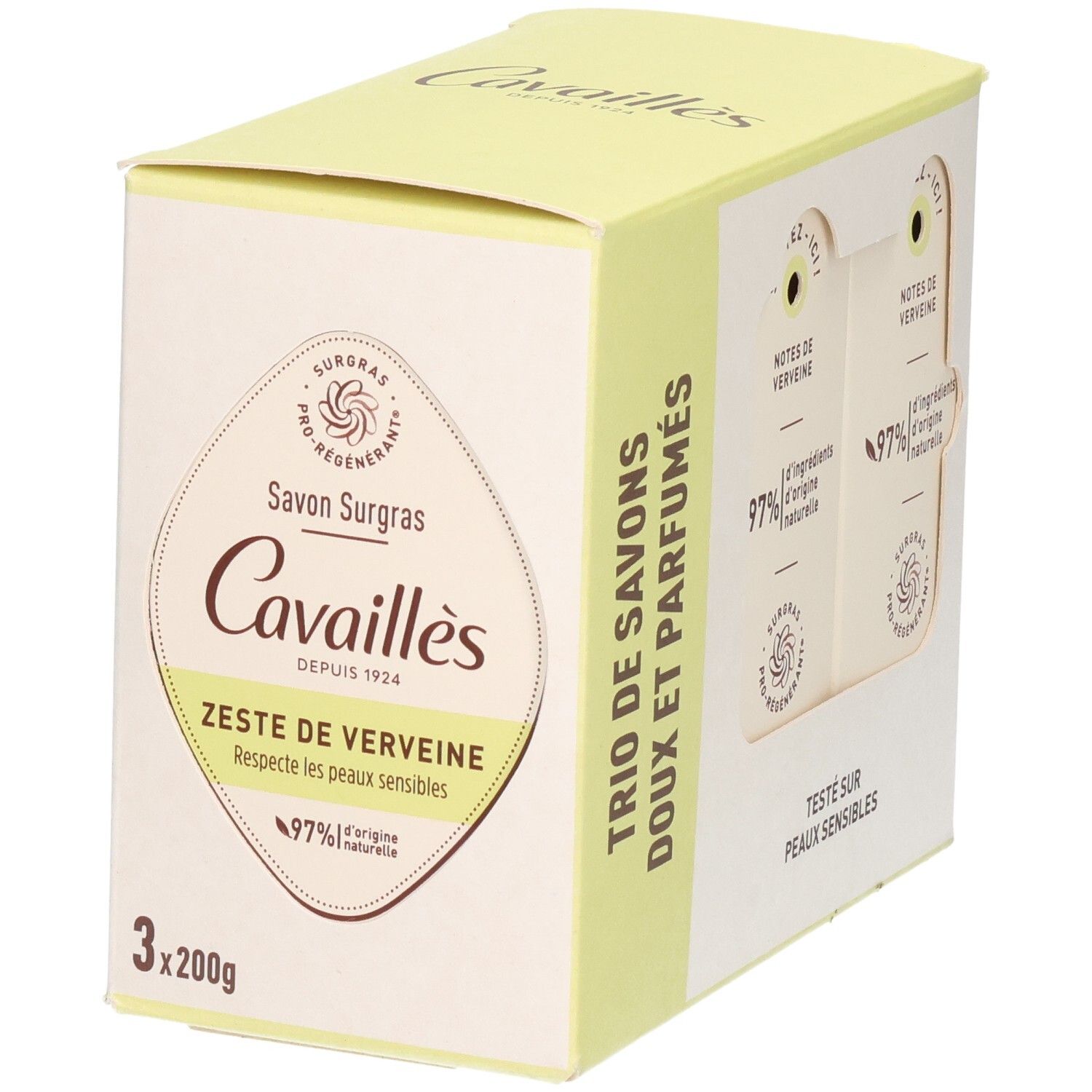 Boîte de trois savons. Inscription: Savon Surgras, Zeste de Verveine. 3x200g. Marque: Cavaillès.