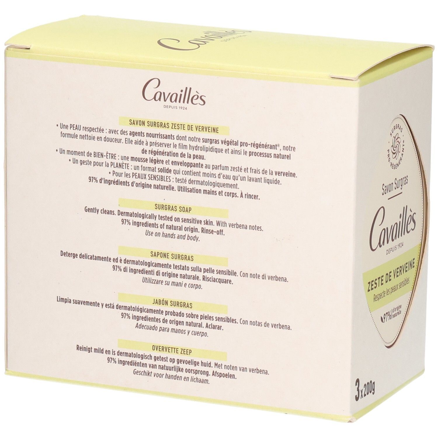 Dos de la boîte. Texte multilingue. Ingrédients et instructions. Marque: Cavaillès.