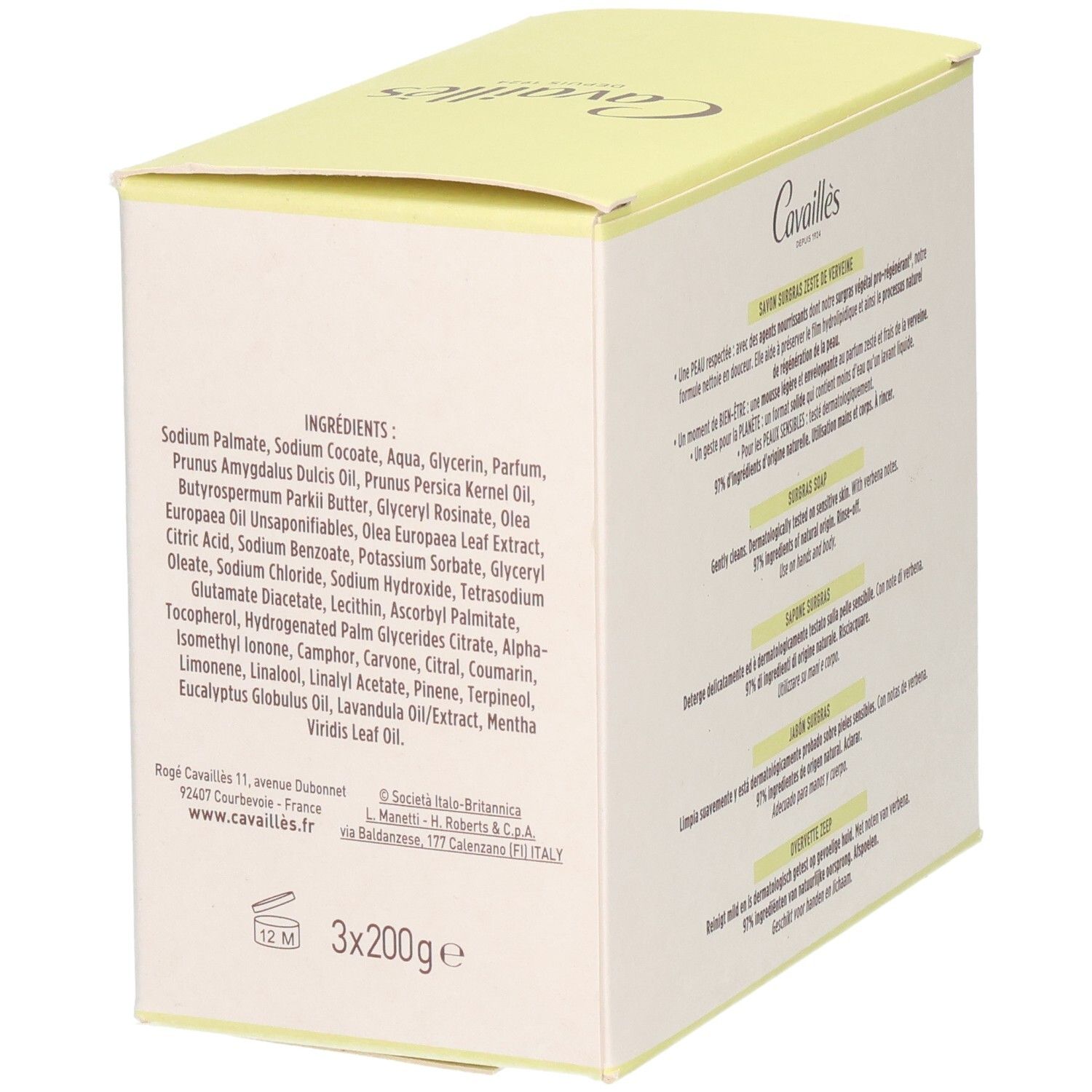 Dos de la boîte. Ingrédients et informations. Marque: Cavaillès. 3x200g.