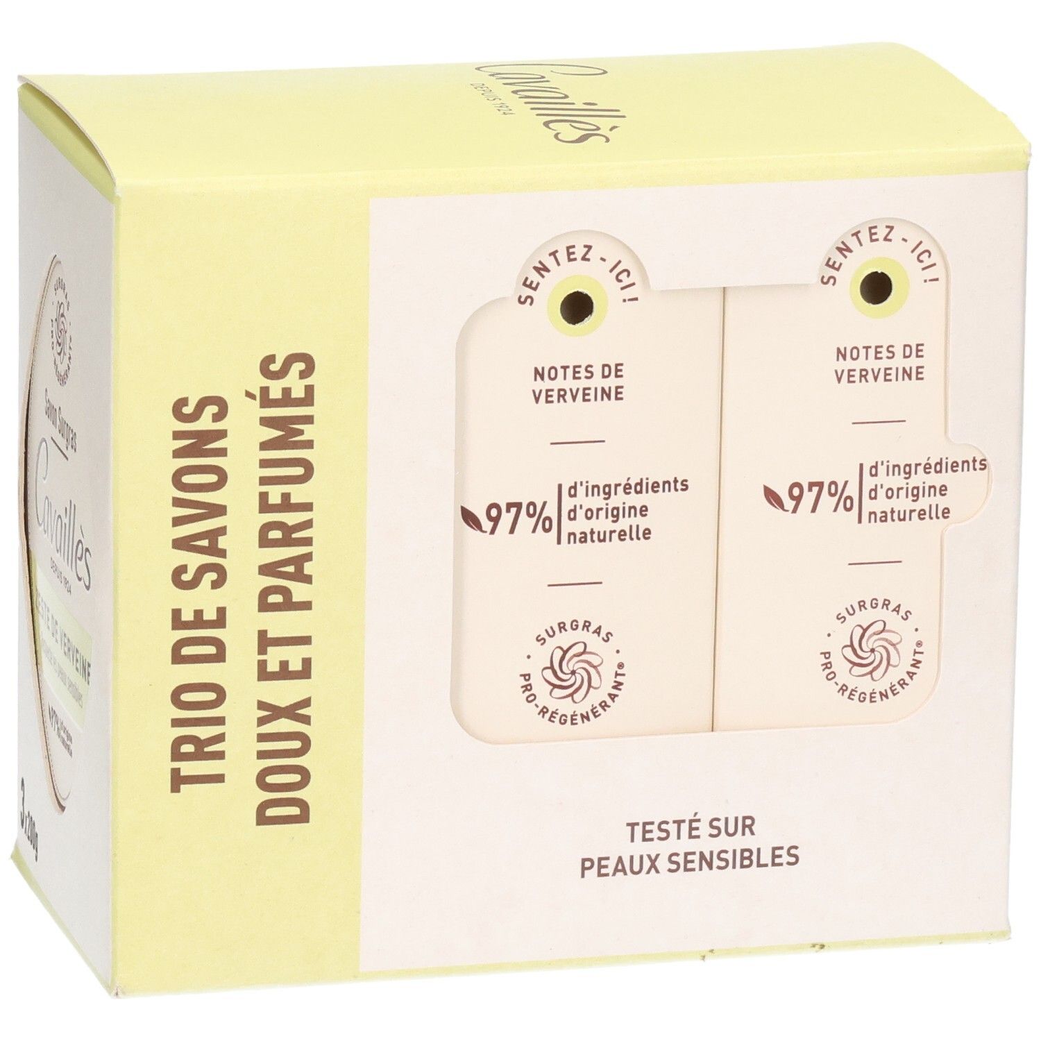 Boîte de trois savons. Fenêtre révélant deux savons. Texte: Trio de Savons Doux et Parfumés. Testé sur peaux sensibles.