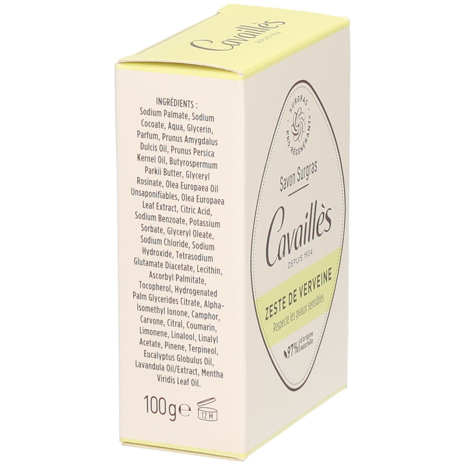 Boîte avec ingrédients. Nom et logo du produit. Inscription: 100g. Boîte jaune et blanche. Vue latérale.