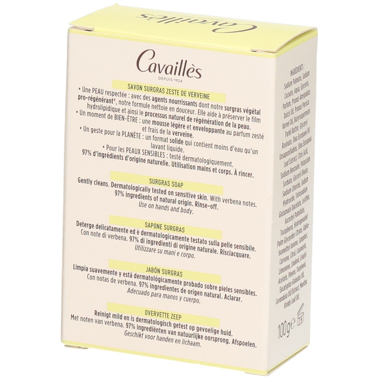 Dos de la boîte. Nom et logo du produit. Texte multilingue. Boîte jaune et blanche. Inscription: 100g.