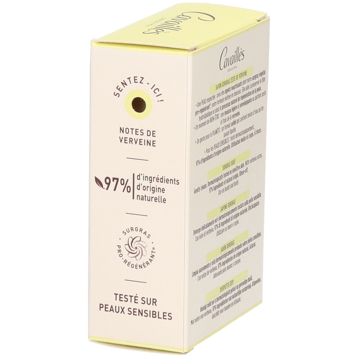 Boîte de savon. Logo et nom du produit. Inscription: Notes de Verveine, 97% d'ingrédients d'origine naturelle. Boîte jaune et blanche.