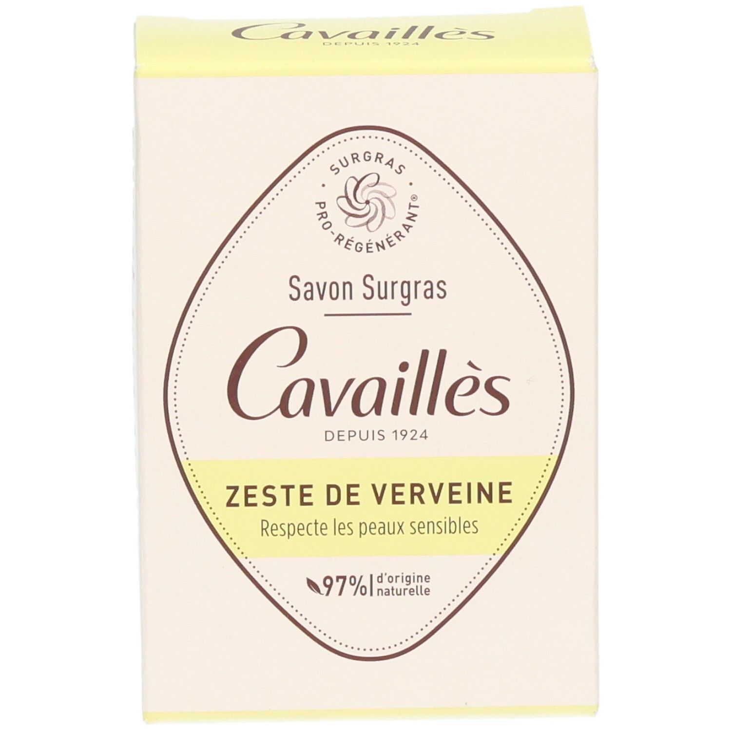 Emballage du produit. Logo et nom du produit. Inscription: Zeste de Verveine, 97% d'ingrédients d'origine naturelle. Boîte jaune et blanche.