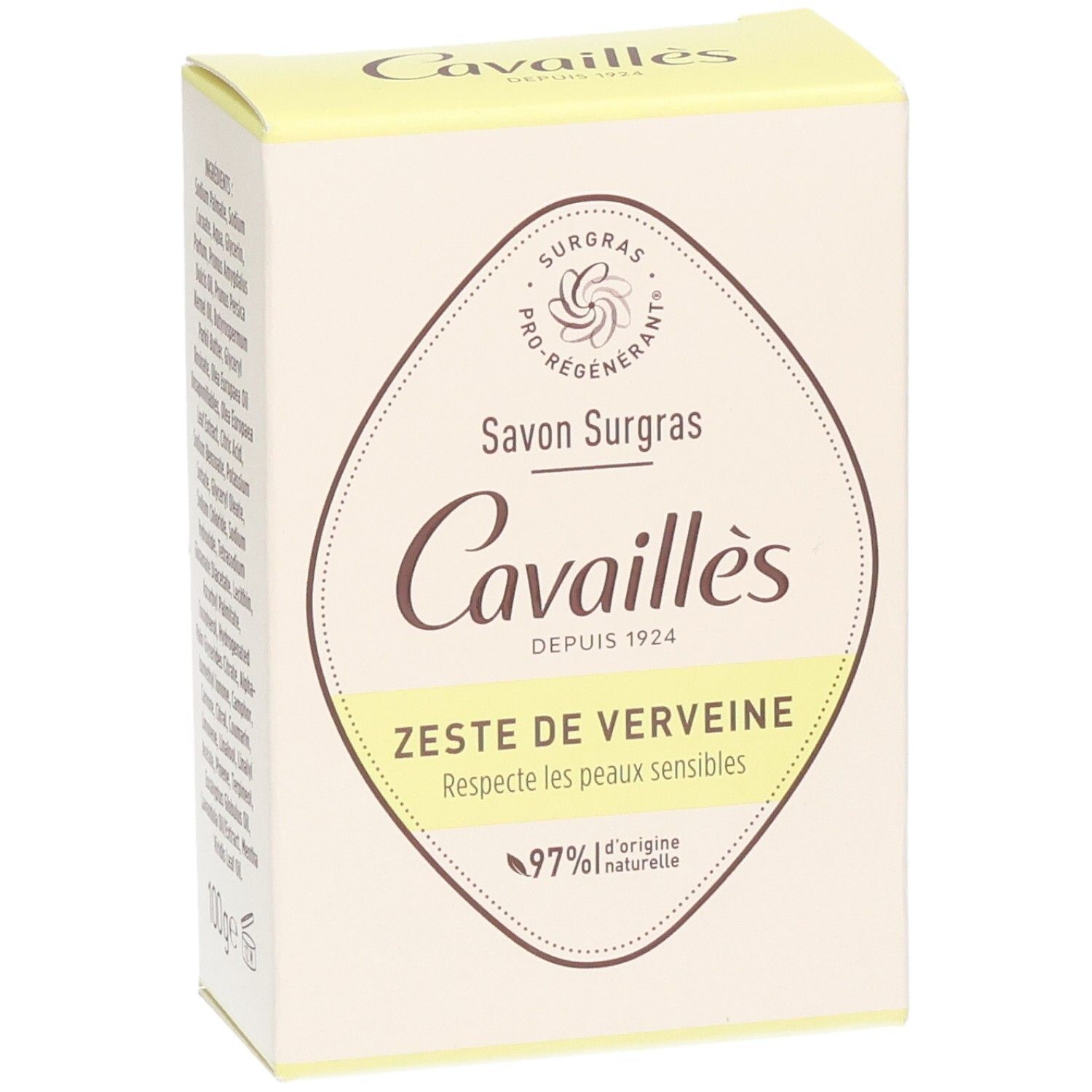 Emballage du produit. Logo et nom du produit. Inscription: Zeste de Verveine, 97% d'ingrédients d'origine naturelle. Boîte jaune et blanche.