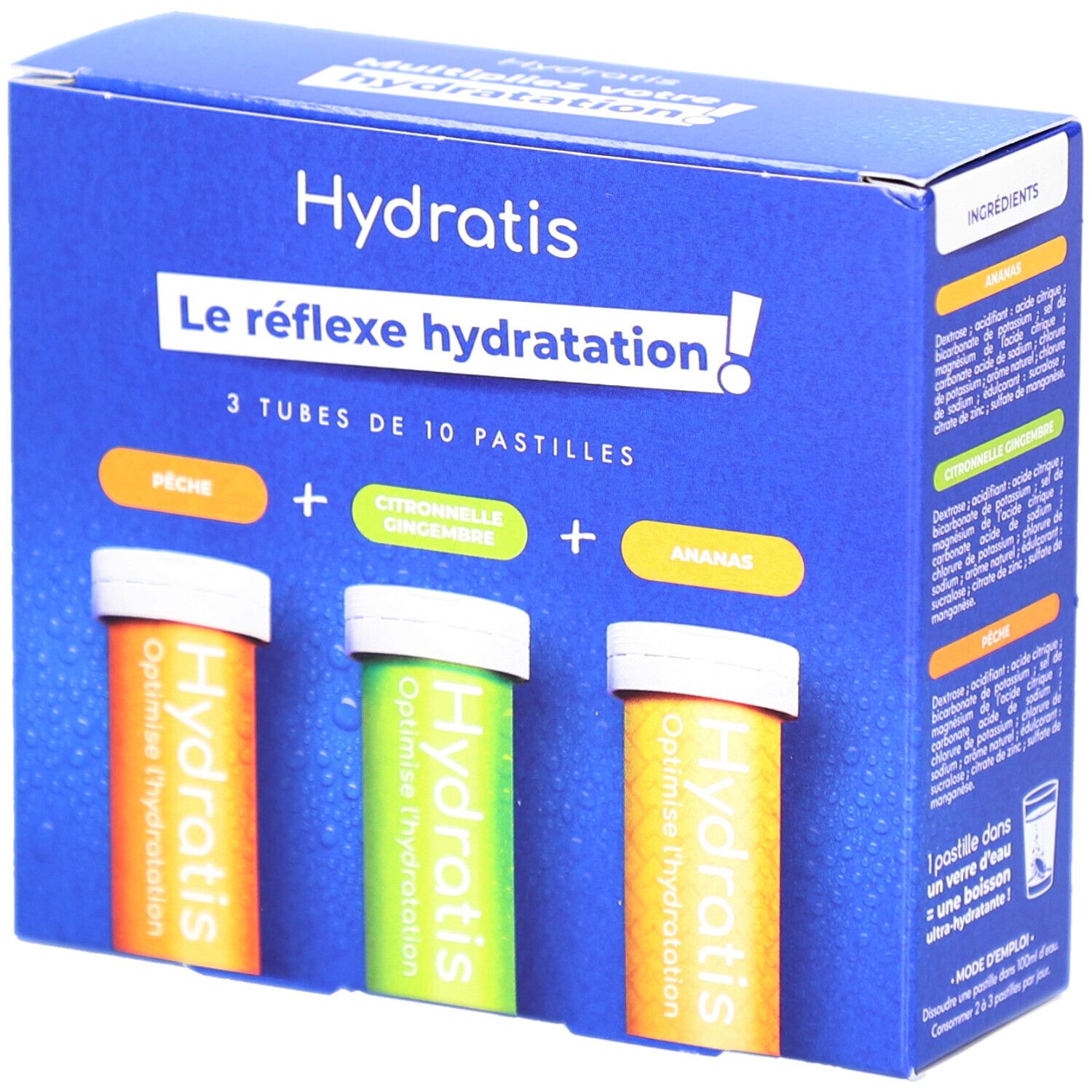 Boîte bleue Hydratis. Contient 3 tubes de 10 pastilles chacun. Saveurs : Pêche, Gingembre, Ananas. Inscription "Le réflexe hydratation".