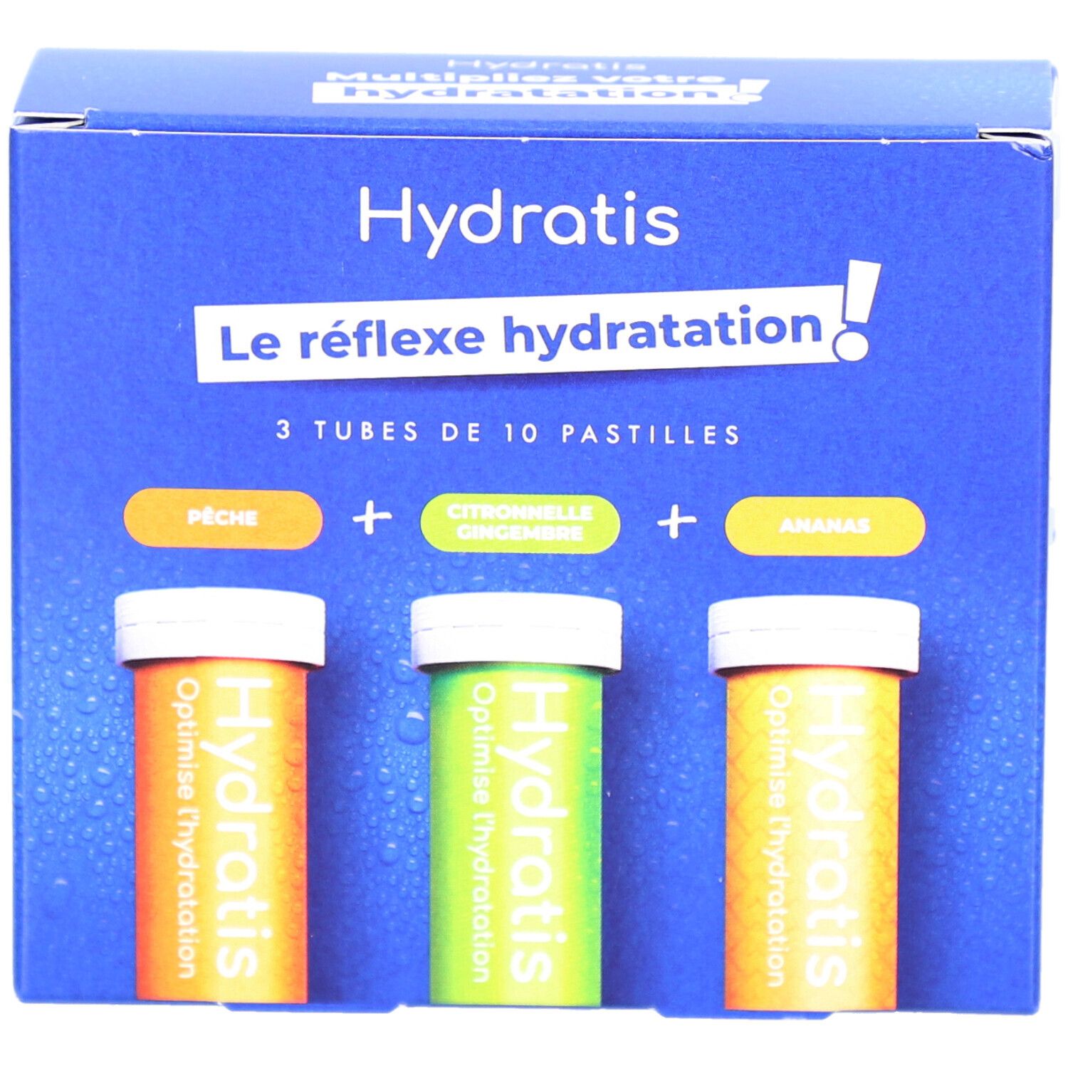 Boîte bleue Hydratis. 3 tubes de 10 pastilles. Saveurs : Pêche, Gingembre, Ananas. Inscription "Le réflexe hydratation".