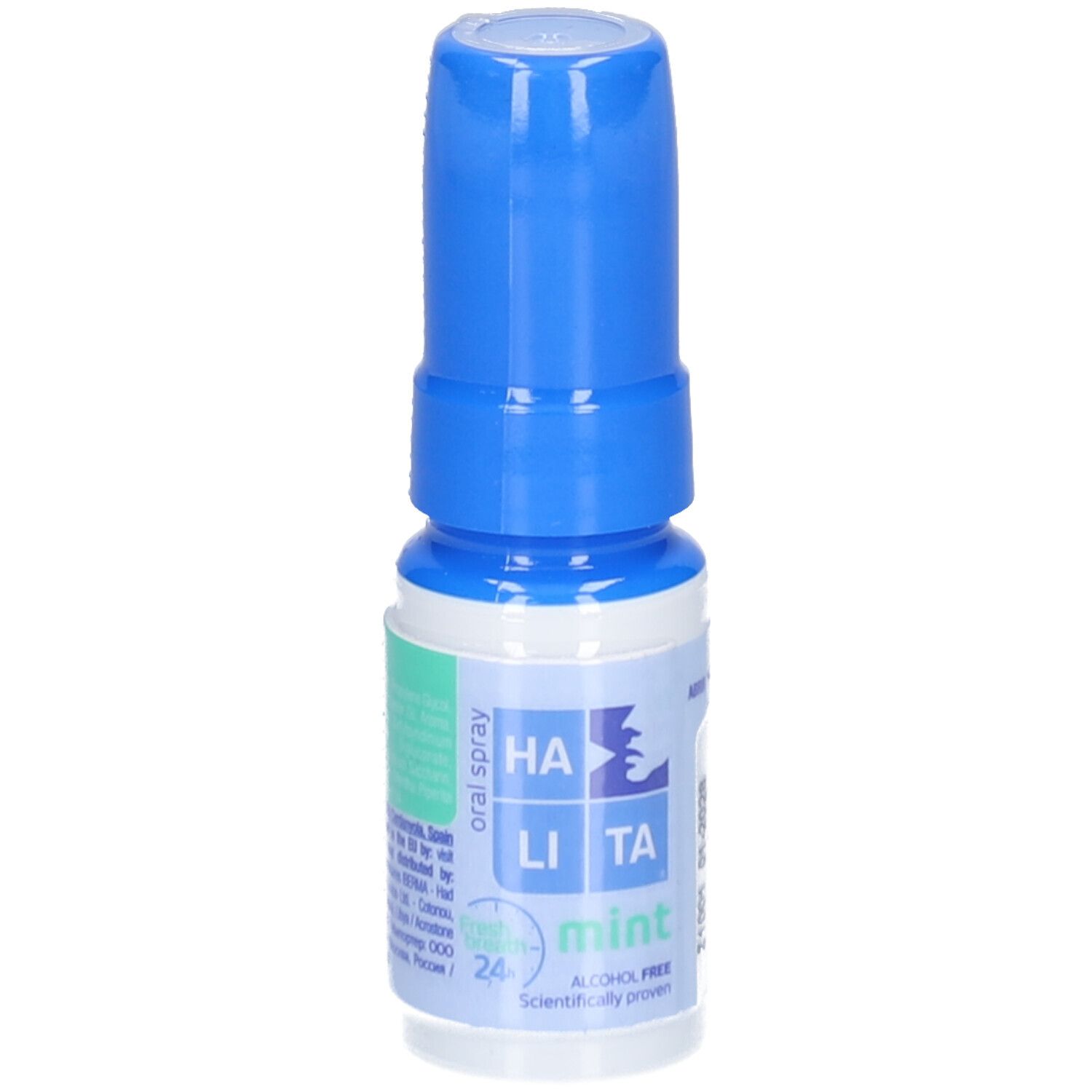 Spray buccal avec bouchon bleu. Inscription: HALITA, menthe, protection 24h, sans alcool.