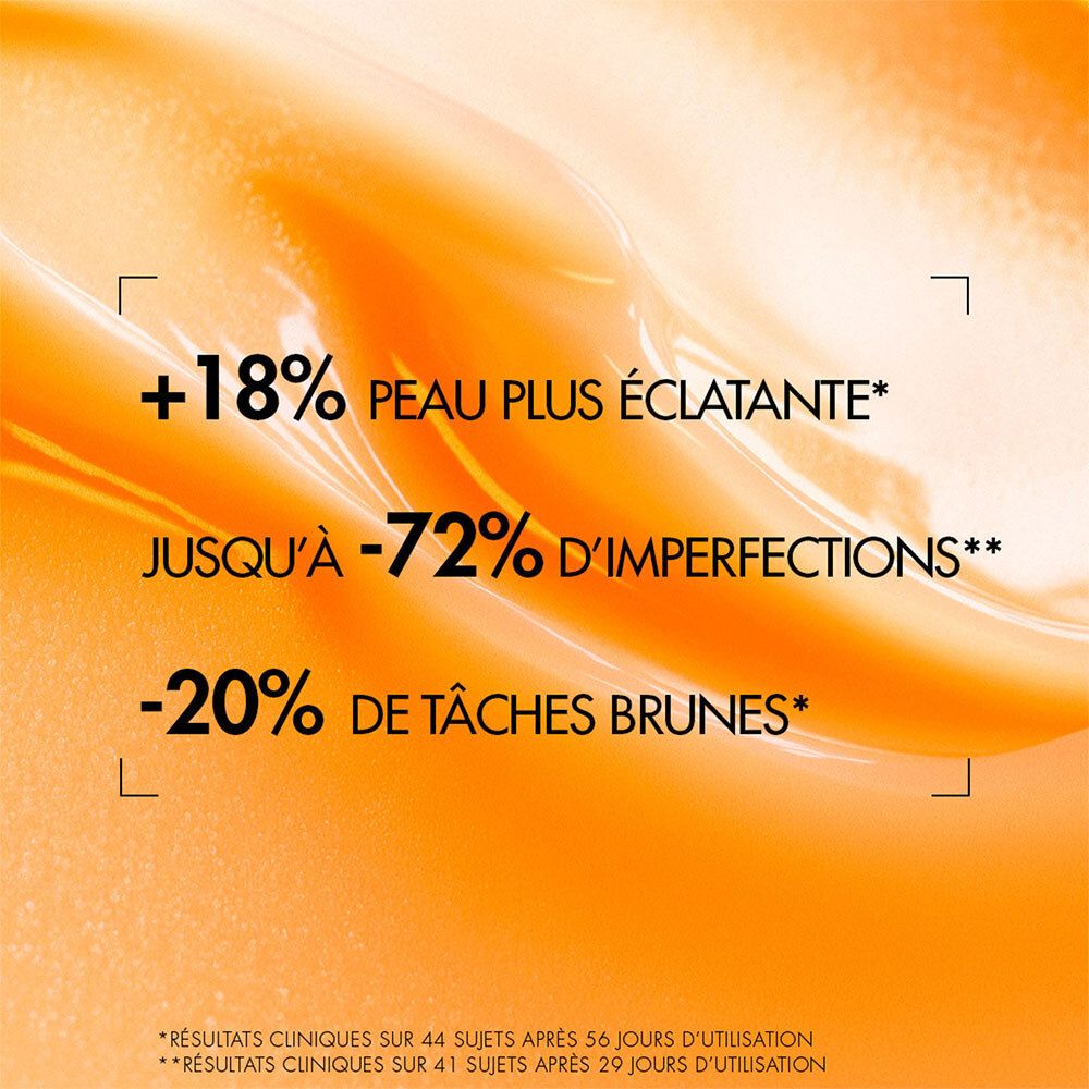 Texte sur fond orange : +18% peau plus éclatante, jusqu'à -72% d'imperfections, -20% de taches brunes.