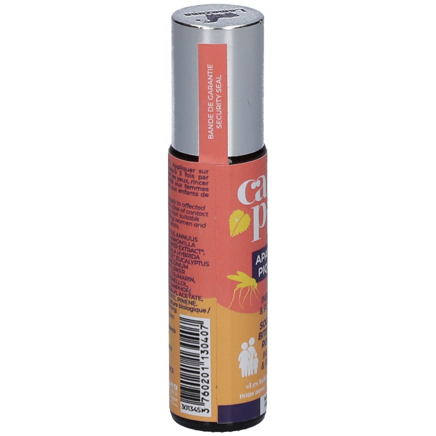 Flacon roll-on avec bouchon argenté. Inscription "Calm Pik". Contient des informations et un code-barres. Avec bande de sécurité.